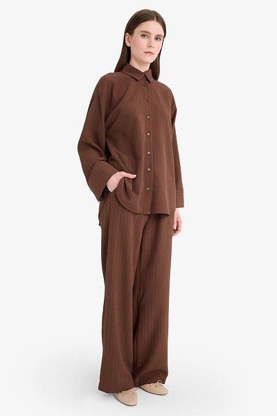 DeFacto Relax Fit 2'Li Set Seersucker Textured Long Sleeve Shirt Pants F4094Ax25Sm