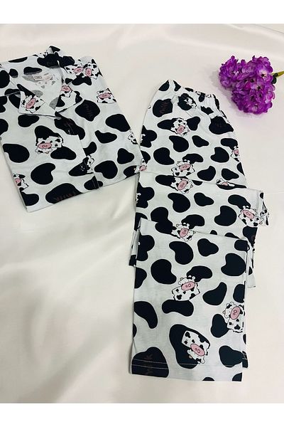 vizora moda Milka Patterned Cotton Front Button Short Sleeve Pajama Set