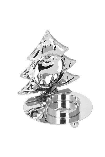 Springos Christmas Decoration Candle Holder, Tree with Reindeer Pattern, 10 X 9 X 7 Cm, Metal, Silver
