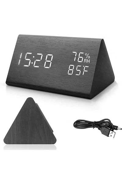 Generic Digital Wooden Alarm Clock, Electric Clock with LED Time Display,3 Alarm Settings, Humidity & Tempe