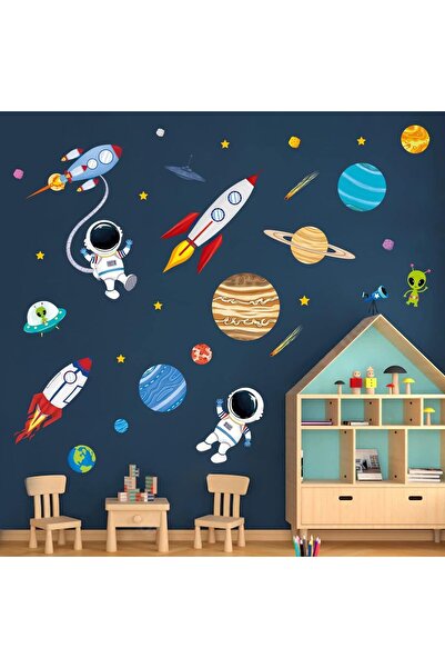 BBA ملصقات حائط من الفينيل للأولاد عليها صواريخ وكواكب فضائية (متعددة الألوان)