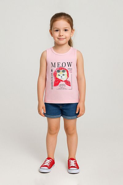 Fulla Moda 100% Cotton Cat Printed Thick Strap Girls' T-Shirt