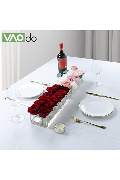 VAODO Clear Acrylic Rectangular Vase with String Lights, 24-Hole, 60 x 10 x 6 cm