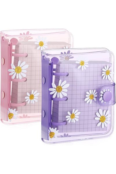 Generic KASTWAVE 3-Ring Binder Covers Mini Transparent with Inner Paper Mini Binder Daisy PVC Notebook Loos