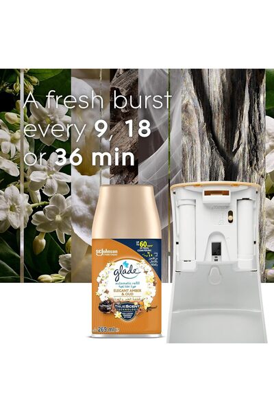 Glade Automatic Air Freshener Spray Holder with Scented Elegant Amber & Oud Refill Starter Kit, 269m