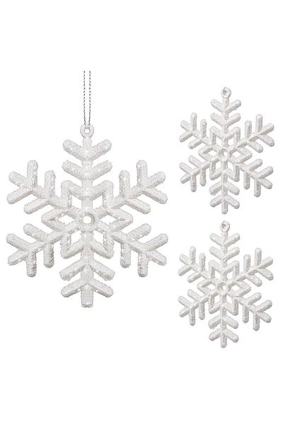 Springos Snowflake Christmas Tree Decoration Set, 3 Pieces, 9.5 Cm, ​​With String, White With Glitter