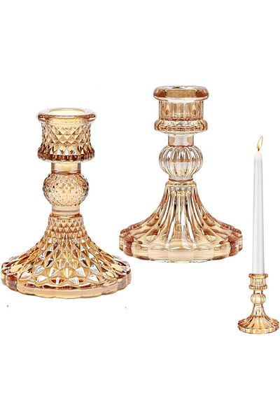 Generic Goodern Clear Glass Candlestick Holders,2 Pcs Set Include Taper Stripe Candle Stand,Candle Stick Co