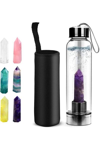 Generic JHuuu Crystal Glass Water Bottle, Includes Protective Sleeve and Removable Crystal Quartz, Healing