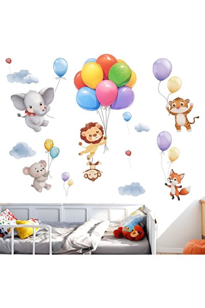 Amimagen ملصقات حائط غرفة الأطفال على شكل بالونات حيوانات - فيل، قرد، أسد، نم...