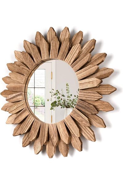 Generic Honiway Wall Mirror Decorative 12 inch Rustic Wood Mirror Sunburst Boho Mirror for Entryway Bedroom