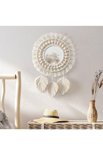 KASTWAVE Hanging Wall Mirror, Boho Macrame Fringe Round Decorative Mirror wit...