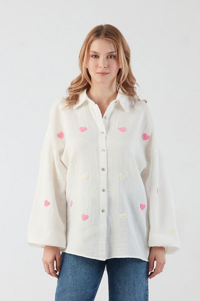 Fulla Moda Heart Embroidered Oversize Shirt