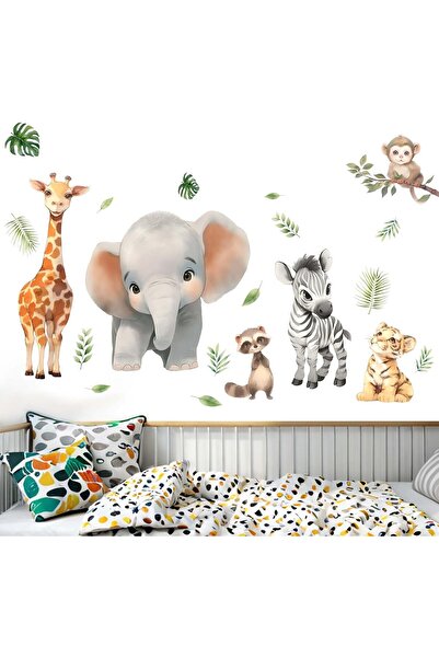 Amimagen ملصقات حائط حيوانات الغابة الصغيرة - فيل، أسد، زرافة، قرد