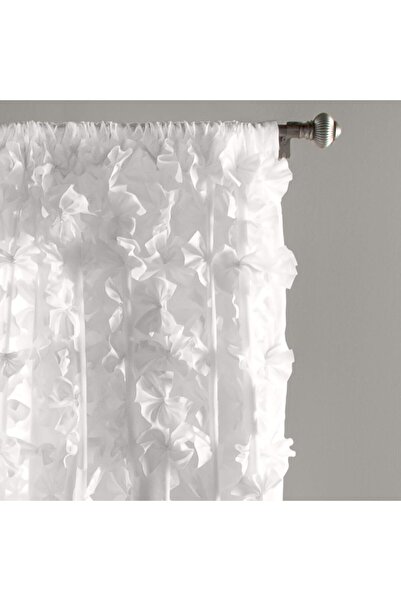 Lush Decor Riley White Sheer Ruffled Window Panel with Bow (Single) 95in x 54in, Textured