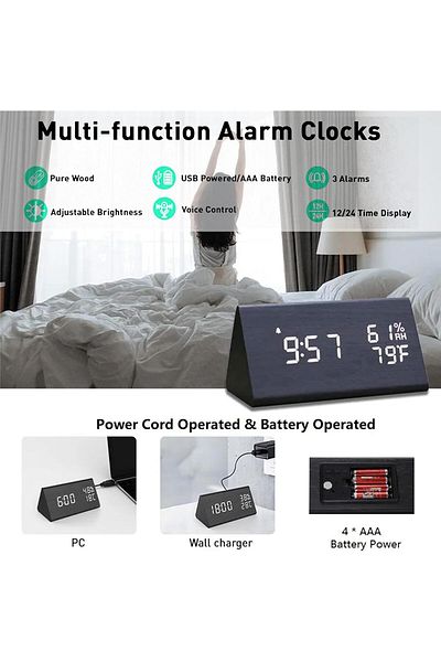 Generic Digital Wooden Alarm Clock, Electric Clock with LED Time Display,3 Alarm Settings, Humidity & Tempe