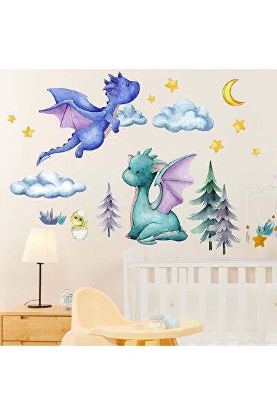 Amimagen ملصقات حائط على شكل تنين صغير - ملصقات حائط على شكل بيض تنين وقمر ونجمة لغرفة الأطفال
