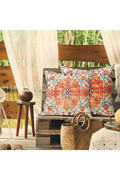 Generic Decorative Throw Pillow Covers, 45x45 cm, Vintage Boho Floral Pattern, Orange Blue, Double-Sided, Se