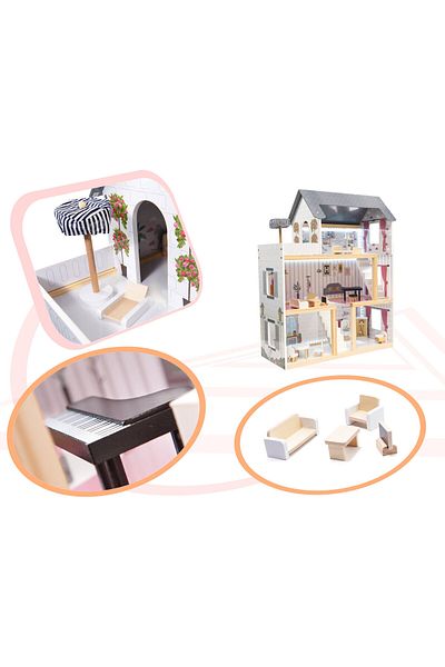 Ikonka Casa De Papusi Din Lemn Mdf, 78 Cm, Mini Mobilier Inclus, Iluminare Led, Multicolor