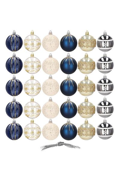 Springos Set of 30 Christmas baubles, 6 cm, 6 designs, with string, navy blue, gold, silver, white
