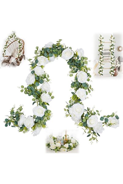 AZONEE Artificial Eucalyptus Garland with Flowers, 5.9FT White Rose Gypsophila