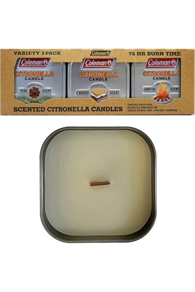 Coleman شموع معدنية برائحة السترونيلا - عبوة من 3 قطع (سمورز، صنوبر، نار المخيم)