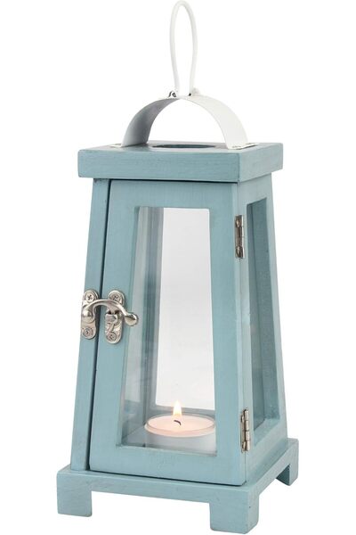 Stonebriar Coastal Wooden Tea Light Candle Lantern, 10.6 Inch, Worn Blue