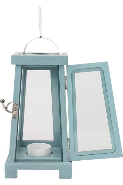 Stonebriar Coastal Wooden Tea Light Candle Lantern, 10.6 Inch, Worn Blue