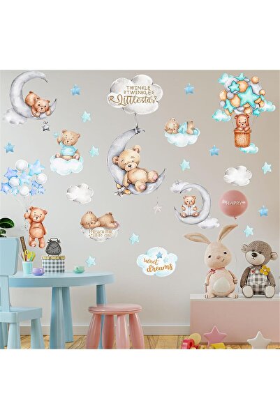 EXCEFORE Bear Wall Decals - Teddy Bear Sleeping on the Moon and Stars Wall Stickers (Blue)