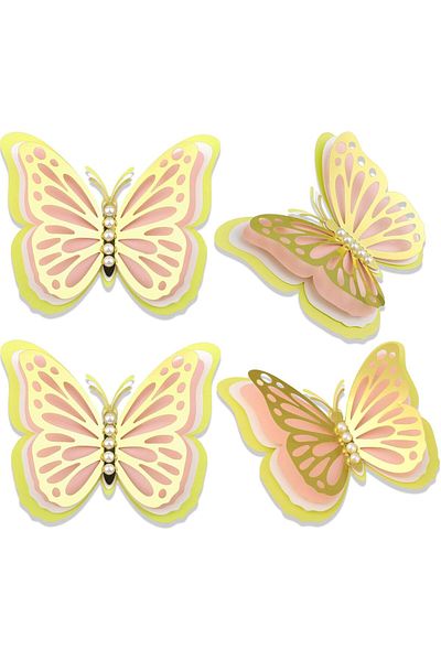 Generic TERRIFI 3D Butterfly Wall Decor 4Pcs 12" Large Gold Butterfly for Butterfly Birthday Party Decorati