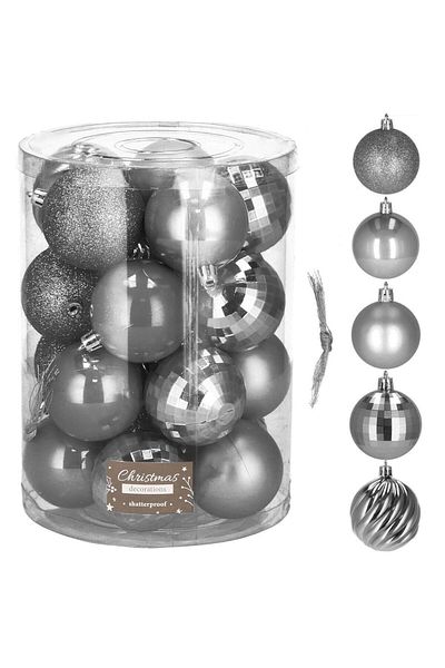 Springos Set of 20 Christmas baubles, 6 cm, 5 designs, grey