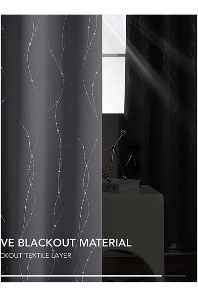 Generic Bukela 2-Piece Dotted Line Foil Printed Thermal Insulated Blackout Curtains Silver/Dark Grey 135X24