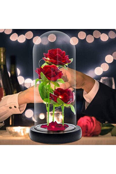 SYOSI قبة زجاجية شفافة LED من جلاكسي روز - 3 ورود حريرية صناعية