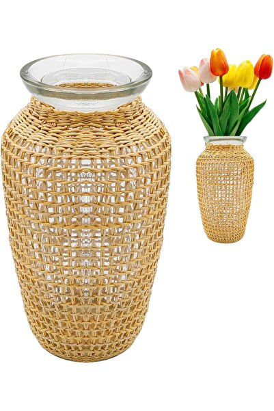 KASTWAVE مزهرية زجاجية منسوجة من القش، مقاس 7.9 بوصة، مزهرية زجاجية ريفية بوهو