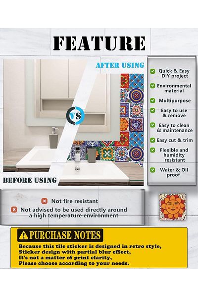Generic Excefore 24 Pcs Tile Stickers - Waterproof PVC Wall Decor for Bathroom & Kitchen, 2D Retro Mosaic S