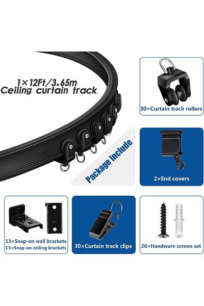 Generic TOKPLNU Ceiling Curtain Track, Flexible Bendable Curtain Track 12Ft Black Curved Ceiling Track for