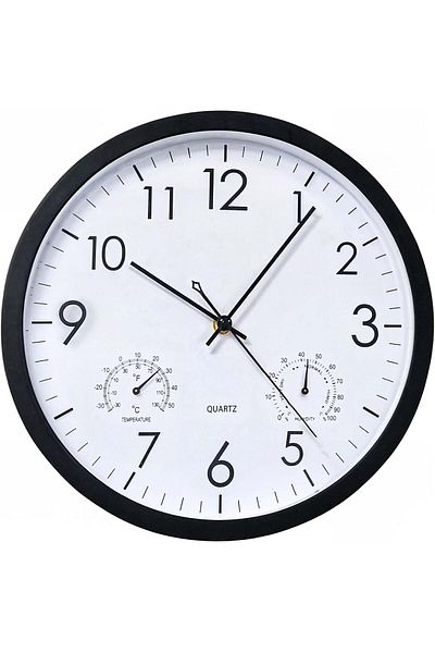 Generic Round Quartz Wall Clock without Ticking, Azonee 12 Inch Black Wall Clock with Temperature & Humidit