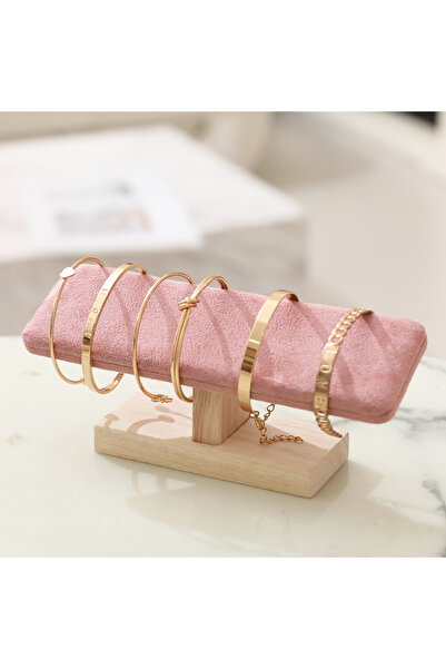 Choice قطعة واحدة من قاعدة خشبية وردية مخملية على شكل حرف T من جلد البولي يوريثان/مخملي لعرض الأساور وسوار الساعة ورباط الشعر