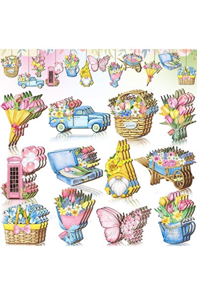 Arabest 108 Pcs Wooden Flower Ornaments,Tree Decorations,12 Styles,Hanging Tu...