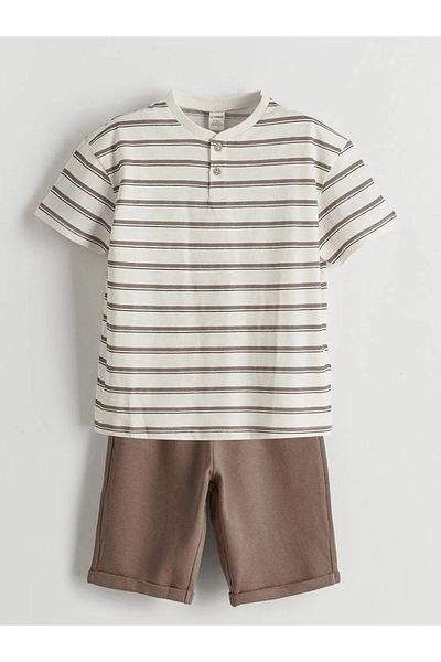 LC Waikiki Lcw Kids Beige Striped Boys T-Shirt and Shorts Pack of 2