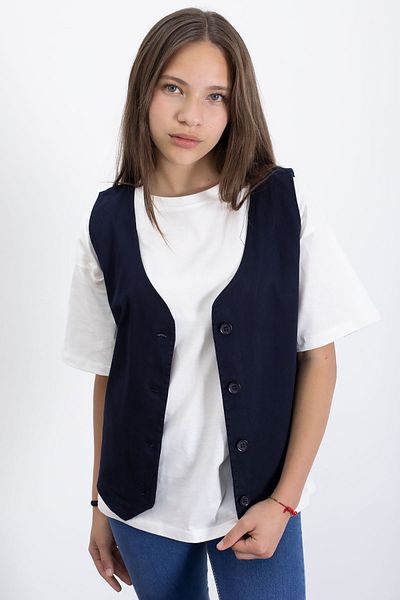 Cansın Mini Navy Blue Linen Buttoned Vest and Oversize T-Shirt Girl's 2-Piece Set 21007