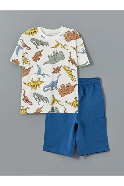 LC Waikiki Lcw Kids Ecru Dinosaur Printed Boys' T-Shirt and Shorts Pack of 2