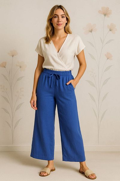 enmodaiçgiyim Saks Blue 100% βαμβακερό ύφασμα μουσελίνας Φαρδύ γυναικείο παντελόνι