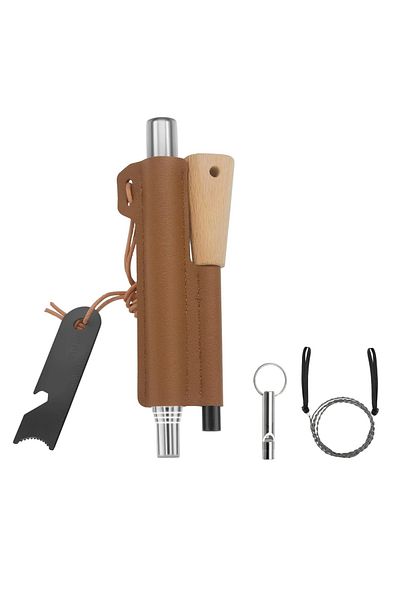 Zingking Fire Starter Kit, Steel/wood/pu Leather, Silver/natural/black