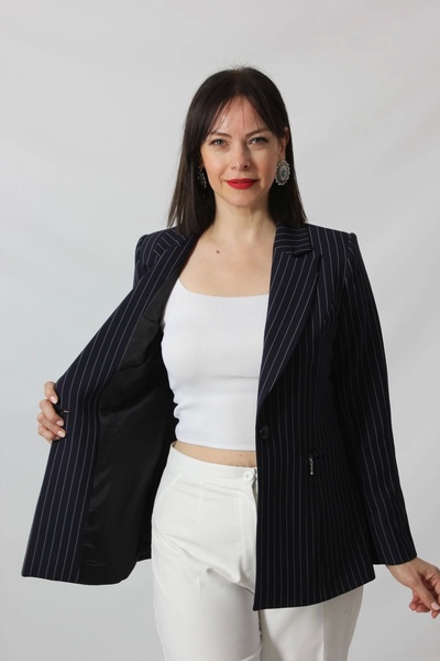 Moda Berray 1906 Lacivert Çizgili Fermuarlı Cep Aksesuarlı Kadın Büyük Beden Blazer Ceket