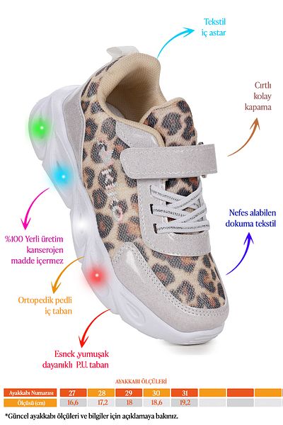 KARAMAZI Karamazı Kids Teno Leopard Patterned Velcro Lighted Girls' Sports Shoes