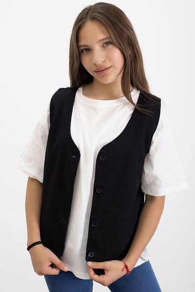 Cansın Mini Black Linen Buttoned Vest and Oversize T-Shirt Girl's 2-Piece Set 21006