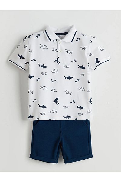 LC Waikiki Lcw Kids Ecru Polo Neck Printed Baby Boy T-Shirt and Shorts 2-Piece Set
