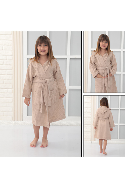 Almir Home 4 Kat Müslin Kapüşonlu Çocuk Bornoz Latte Renk