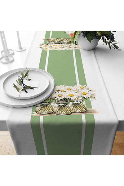 Evmila Spring Themed Daisy Patterned Velvet Fabric Digital Printed Runner