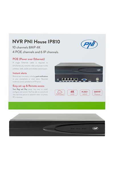 PNI NVR POE PNI House IP810 with 10 4K channels, 8MP, 4 POE channels and 6 IP channels AI functions